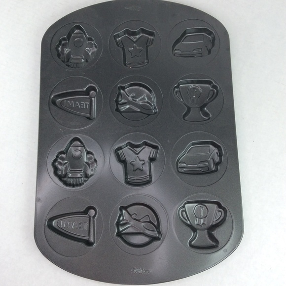 Wilton 12 Cavity Non-Stick Cookie Tray Rocket Car Trophy Team Plane